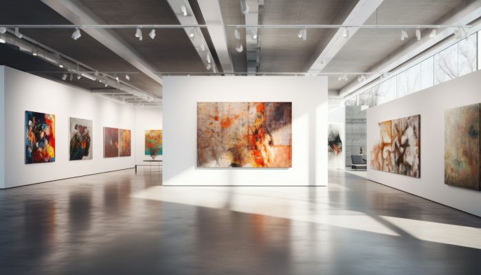 An art gallery with beautiful paintings displayed on minimalist An art gallery with beautiful paintings displayed on minimalist white walls. Generative AI
